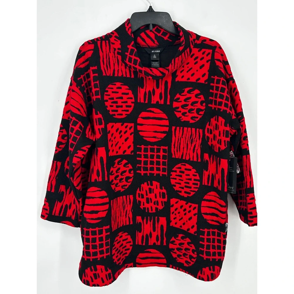 NEW Ali Miles XL Red Black Geometric‎ Abstract Cowl Neck 3/4 Sleeve Tunic Top